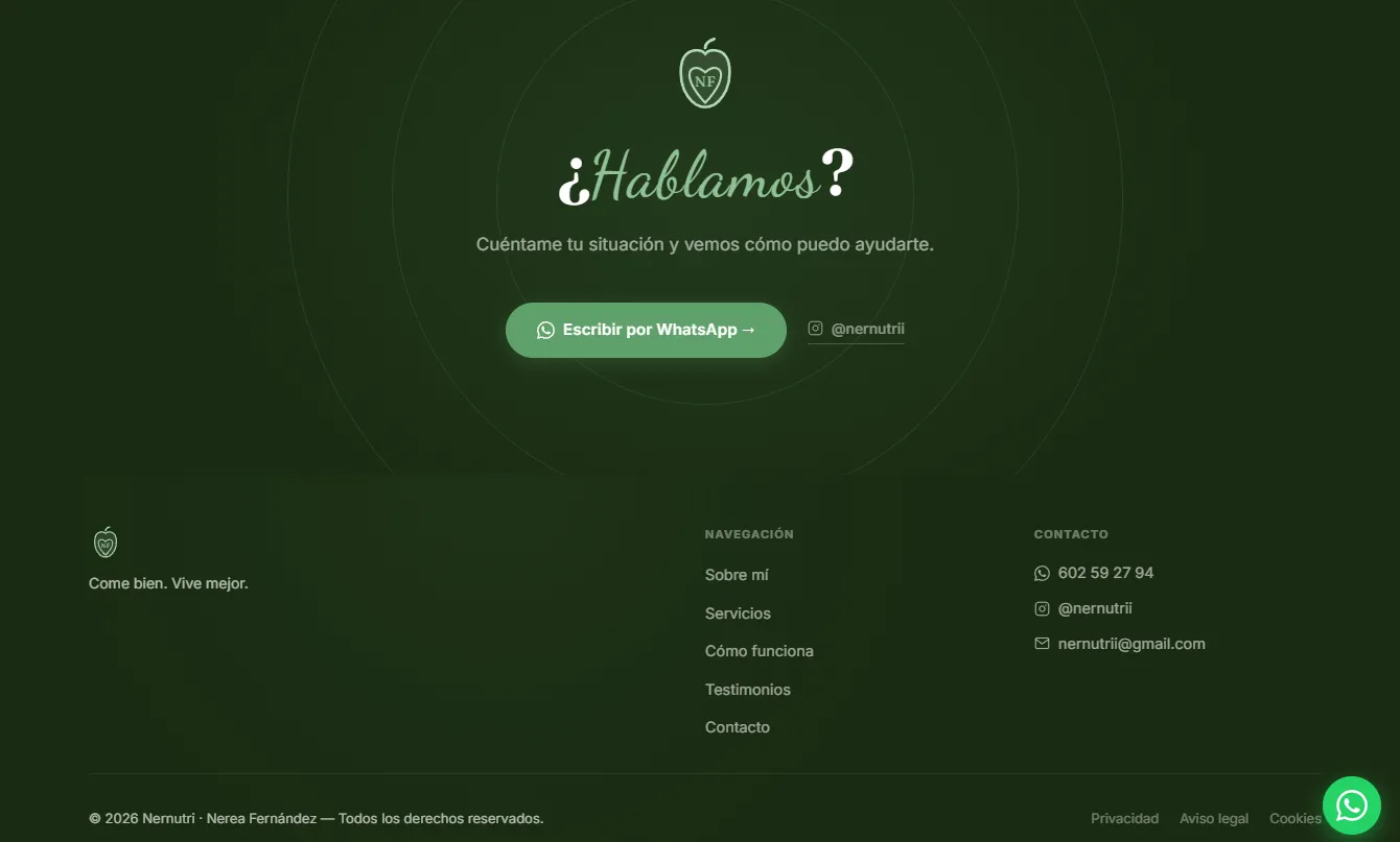 Llamada a reservar y pie de página de Nernutri