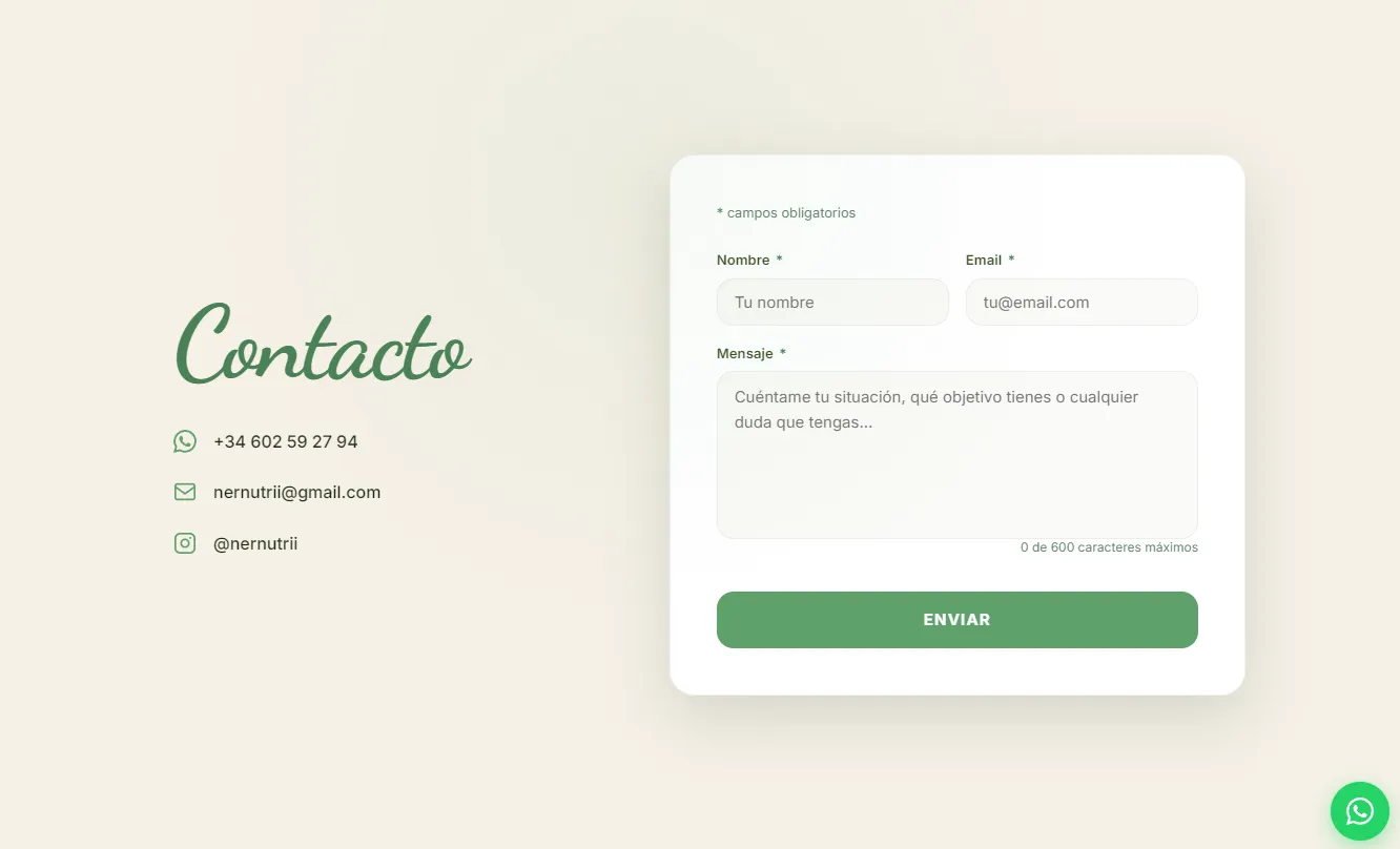Página de contacto de Nernutri con formulario